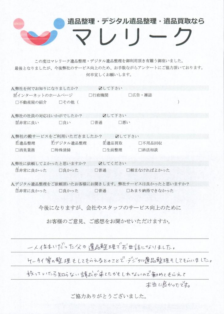 大阪府高槻市西面中にて遺品整理、デジタル遺品整理、遺品買取をさせていただいた時のアンケートです