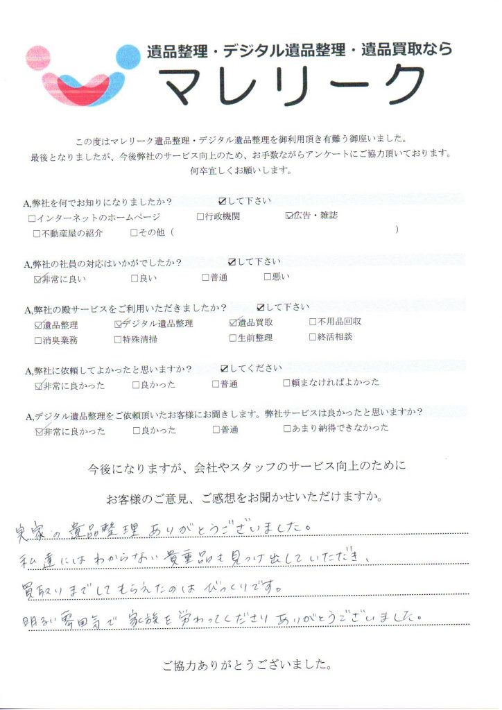 大阪府大阪市城東区今福南にて遺品整理・デジタル遺品整理・遺品買取をさせていただいた時のアンケートです