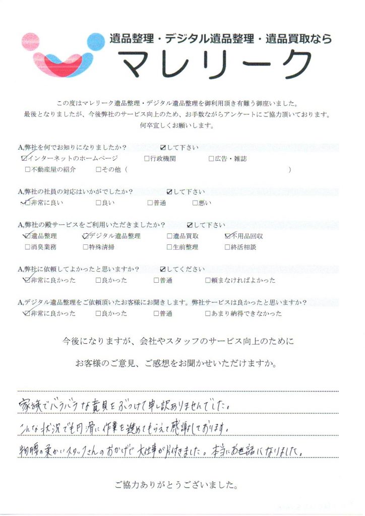 大阪府大阪市此花区伝法にて遺品整理・デジタル遺品整理・不用品回収をさせていただいた時のアンケートです