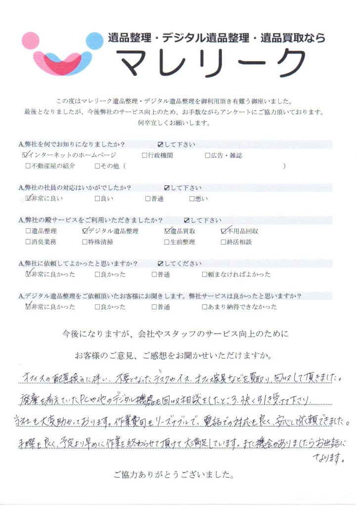 大阪府大阪市福島区野田にてデジタル生前整理・不用品買取・回収をしてきました時のアンケートです